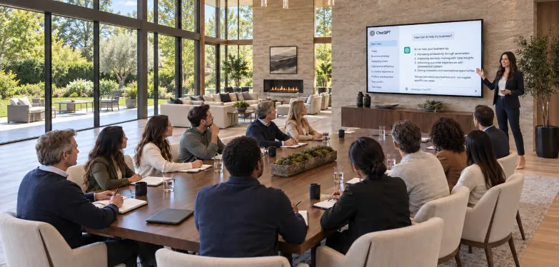 A small group seated around a host in a sunlit room