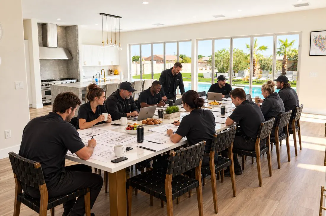 A working session around a long dining table with laptops and notebooks
